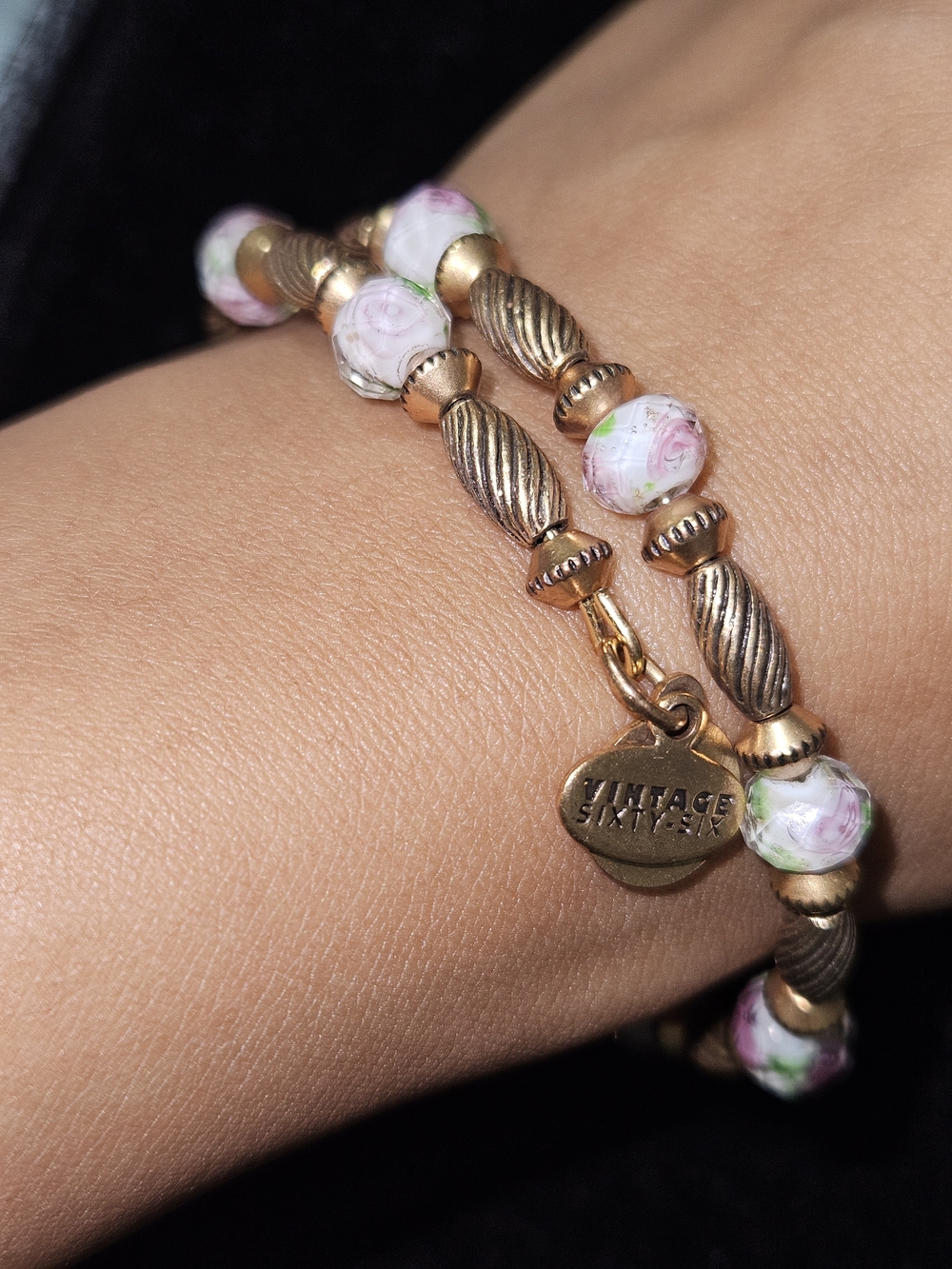Alex and Ani Gold-Tone Bracelet with Pink Rose Beads